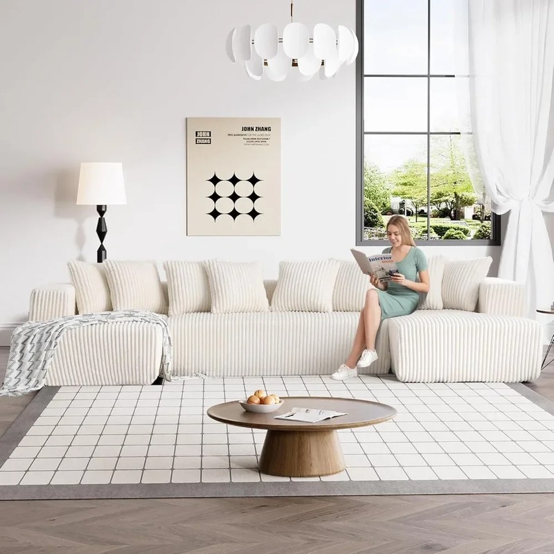 131" Modular Sectional Sofa, Luxury Living Room Couch with Corduroy Upholstery and Double Chaise Lounge, Comfy Seating Solution
