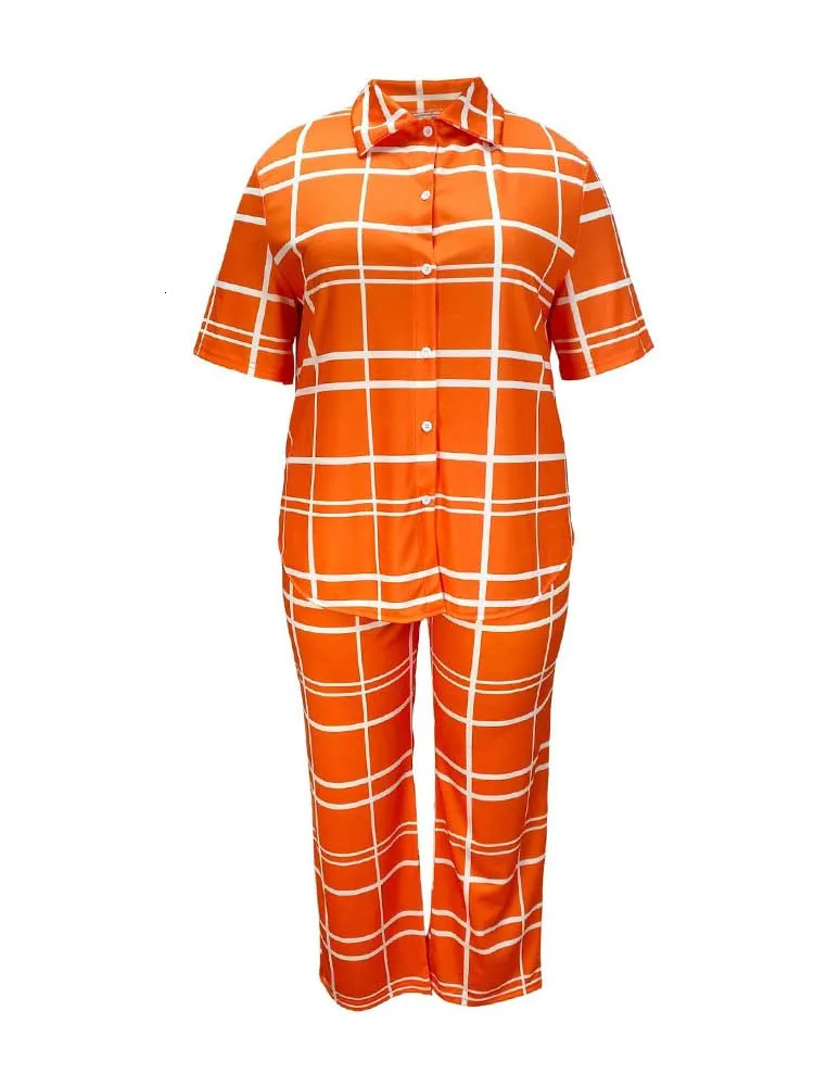 2 Piece Sets Woman Outfit Plus Size Summer Suit Plaid Cardigan Shirt and Trouser Casual Orange Pants Suits Elegant 250516Z