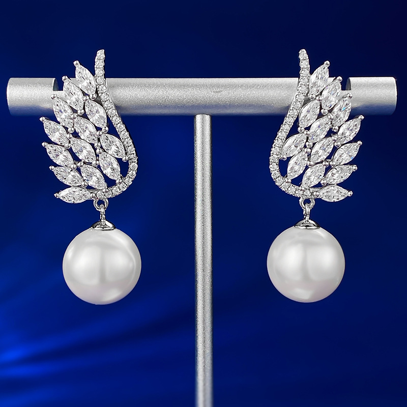 Elegant Sterling Silver Pearl Drop Earrings with Cubic Zirconia Leaf Design, Ideal for Weddings and Special Occasions