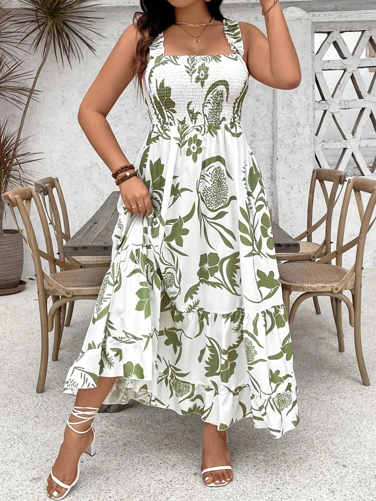 Plus Size Summer Holiday Floral Halter Dress with Ruffle Hem and Gathered Bust Plus Size Dress Polyester 250520