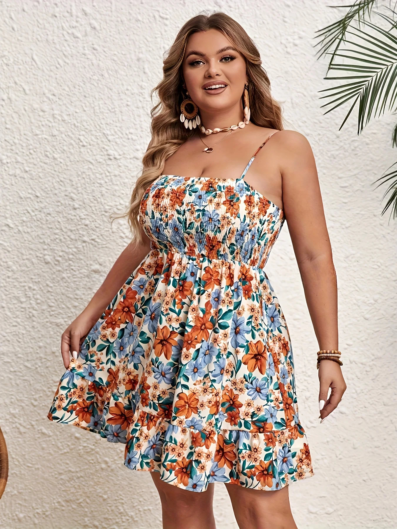 Plus Size Summer Elegant Women Dress Vacation Floral Print Dresses Casual Knee Length Slip Dresses 250520