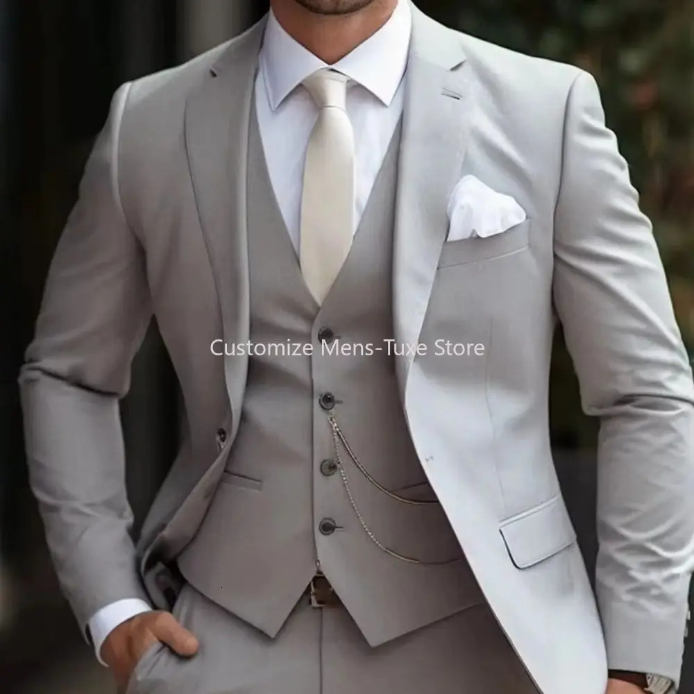 Beige Suit Men Business Tuxedos Formal 3 Piece Set Jacket Vest Pants Single Breasted Groom Groomsman Prom Wedding Party 250516
