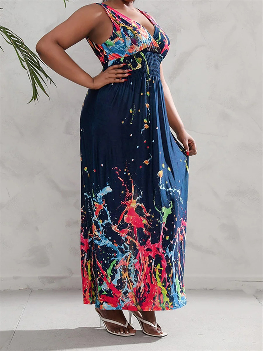 Women Plus Size Sleeveless Maxi Dress Casual Floral Print V-Neck Party Dress for Beach Club Streetwear Summer Fashion Trend 250520