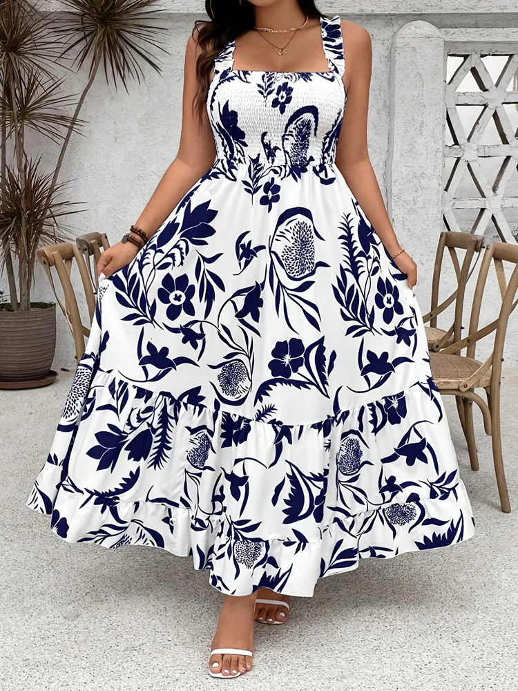 Plus Size Summer Holiday Floral Halter Dress with Ruffle Hem and Gathered Bust Plus Size Dress Polyester 250520