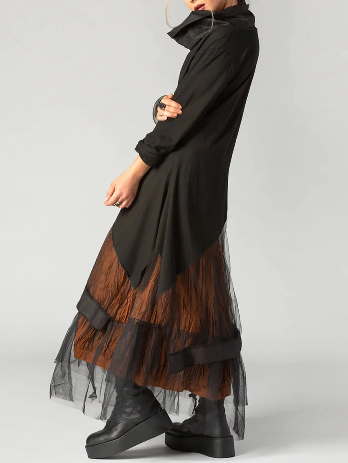 Women Plus Size Mesh Dress Transparent Patchwork A-Line Dress Long Sleeve Cowl Neck Casual Vintage High Street Black Dress 250520