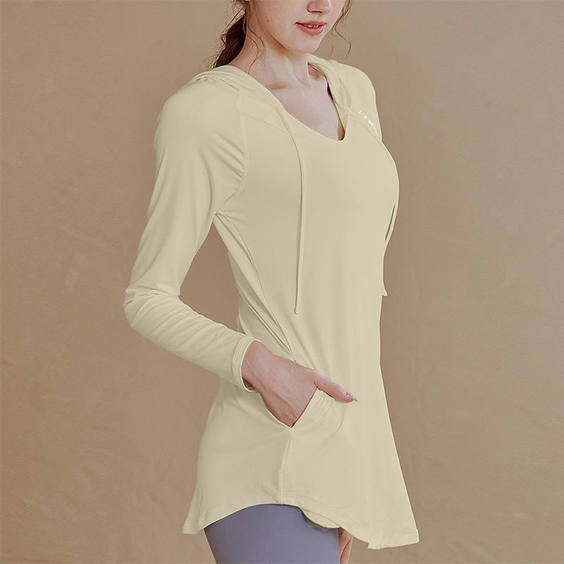 X1853 Loose Sports Tops Women's Large Size Mid-Length Fitness Suit Set Hooded Fitness Clothes Long Sleeve Sweater