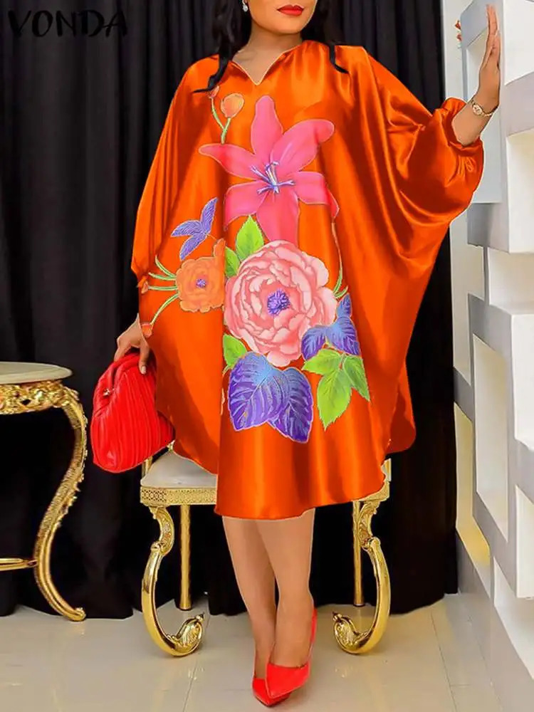 Plus Size 5XL VONDA Women Bohemian Sundress Autumn Floral Printed Elegant Midi Dress 3/4 Bat Sleeve Casual Loose Retro Robe 250520
