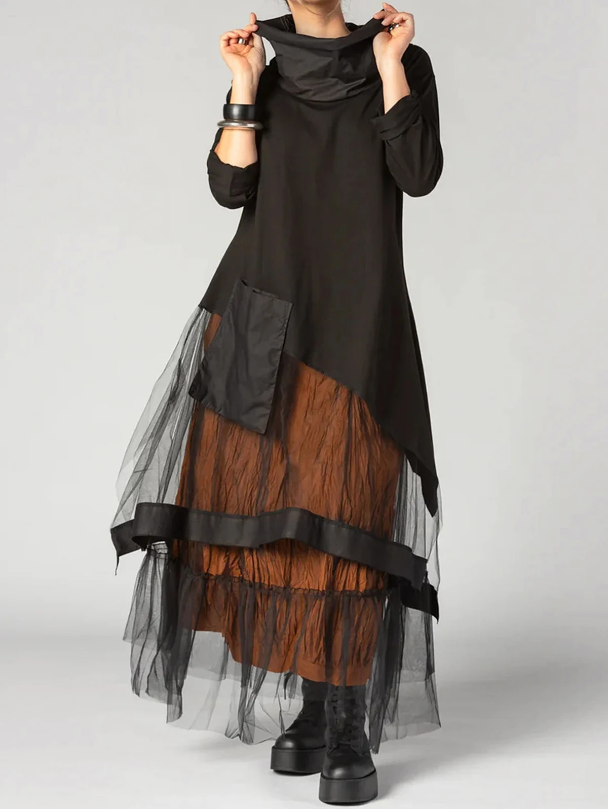 Women Plus Size Mesh Dress Transparent Patchwork A-Line Dress Long Sleeve Cowl Neck Casual Vintage High Street Black Dress 250520