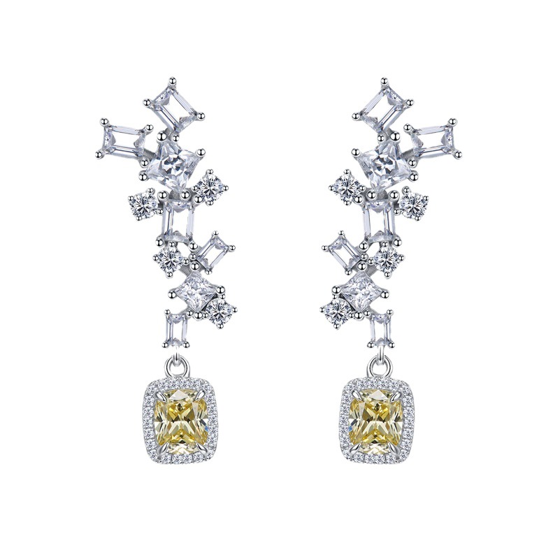 S925 Sterling Silver Long Drop Earrings with Yellow Simulated Diamond, Cushion Cut & Zirconia, Elegant Jewelry for Special Occasions