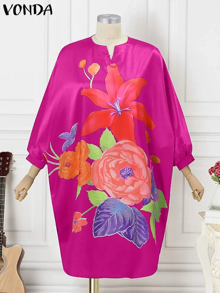 Plus Size 5XL VONDA Women Bohemian Sundress Autumn Floral Printed Elegant Midi Dress 3/4 Bat Sleeve Casual Loose Retro Robe 250520