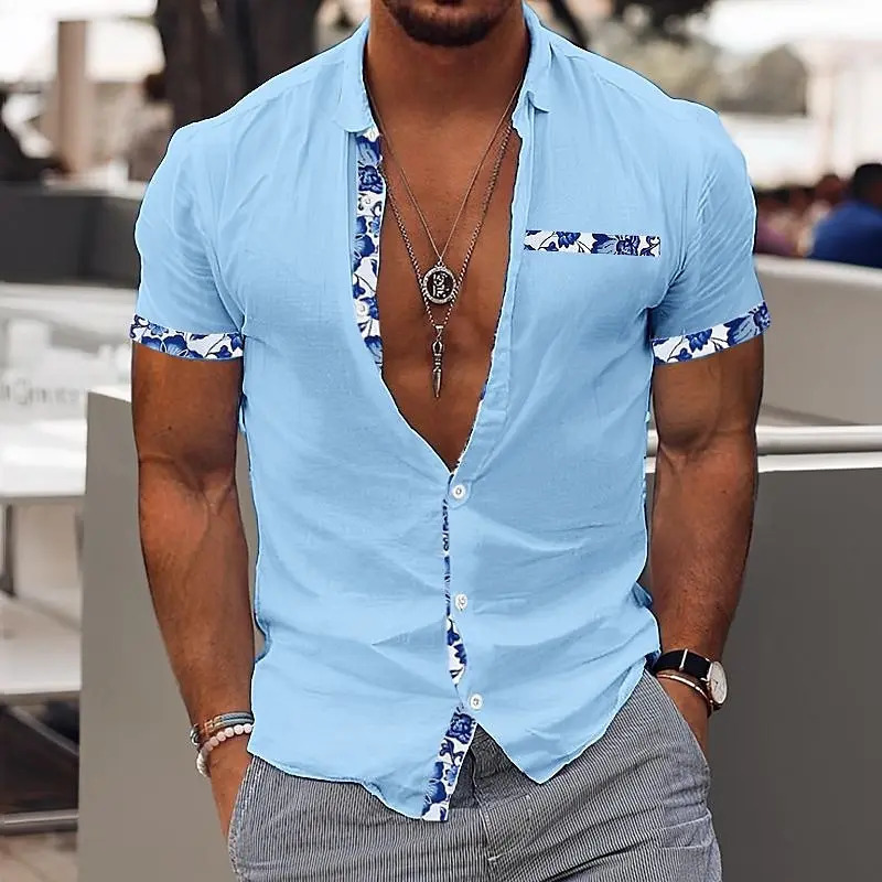 Fashionable Mens Hawaiian Shirt Casual Solid Color Printed Beach Pocket Short Sleeve Large Size 5XL Style Multi 250516