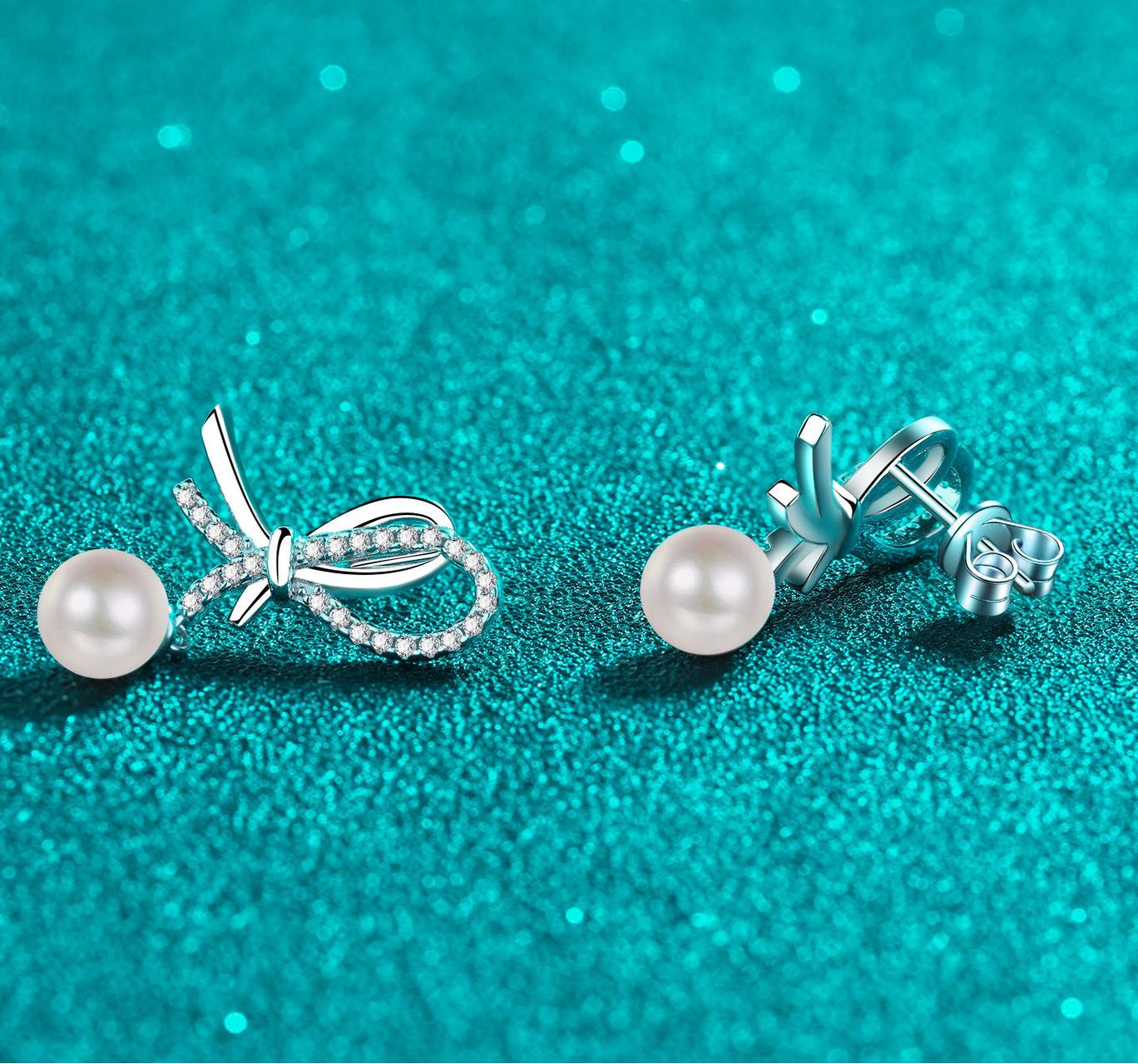 S925 Sterling Silver Moissanite & Pearl Earrings with Butterfly Knot Design - Elegant and Timeless Jewelry for Women