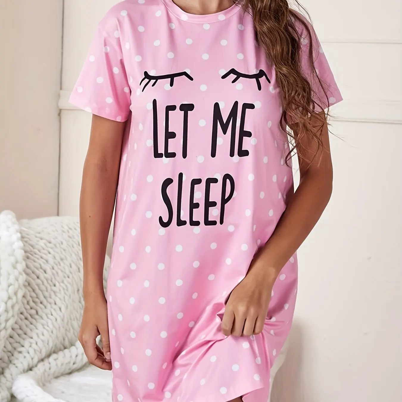 Let Me Sleep Printed Plus Size Womens Nightgowns Home Ice Silk Dresses Short Sleeve Dresses Pajamas for Girls with Large Busts 250520