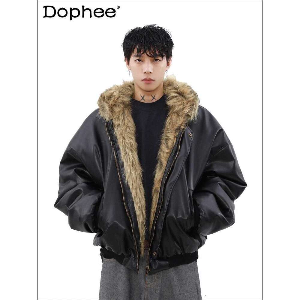 Fashion High-End Long Sleeve Jacket Cotton Clothes Men's 2024 Winter New Veet Thickened Double-Sided Fur Integrated Coat