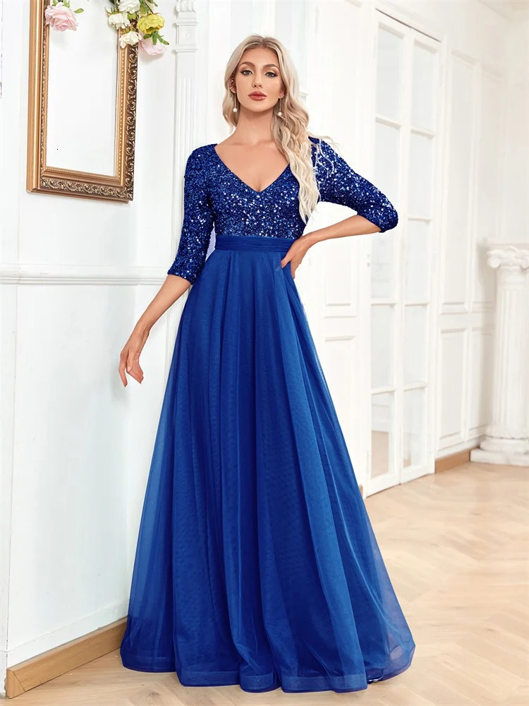 Floor Length V-Neck Evening Dress Women Elegant Party Maxi Dress Sequin Short Sleeves Prom Cocktail Gown 250520