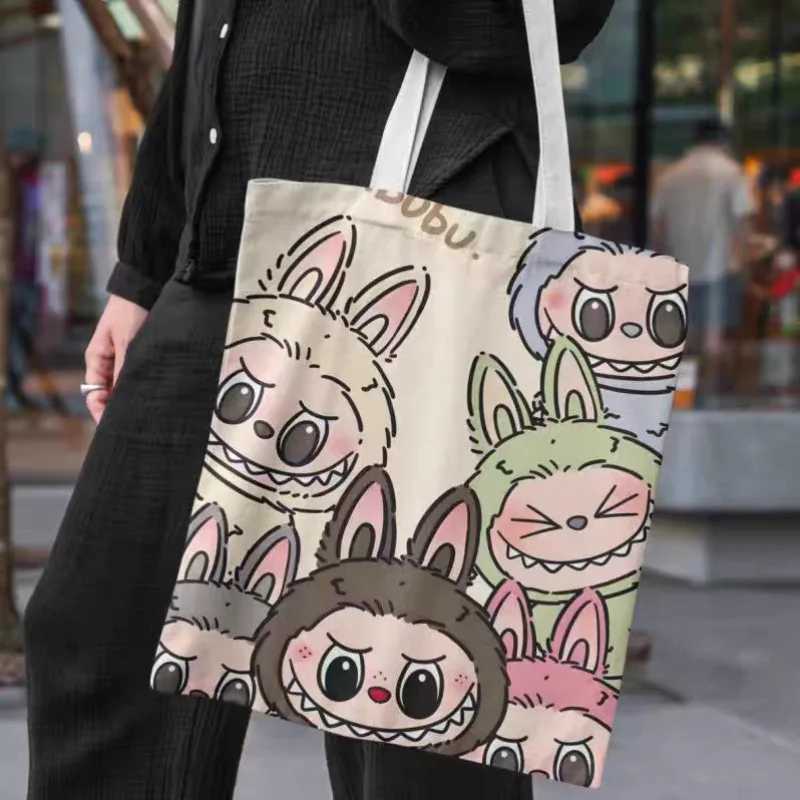 Labubu Canvas Bag Cute Cartoon Shopping Handbag For Women Student Portable Canvas Makeup Shopping Storage Bag Birthday GiftXJ250521