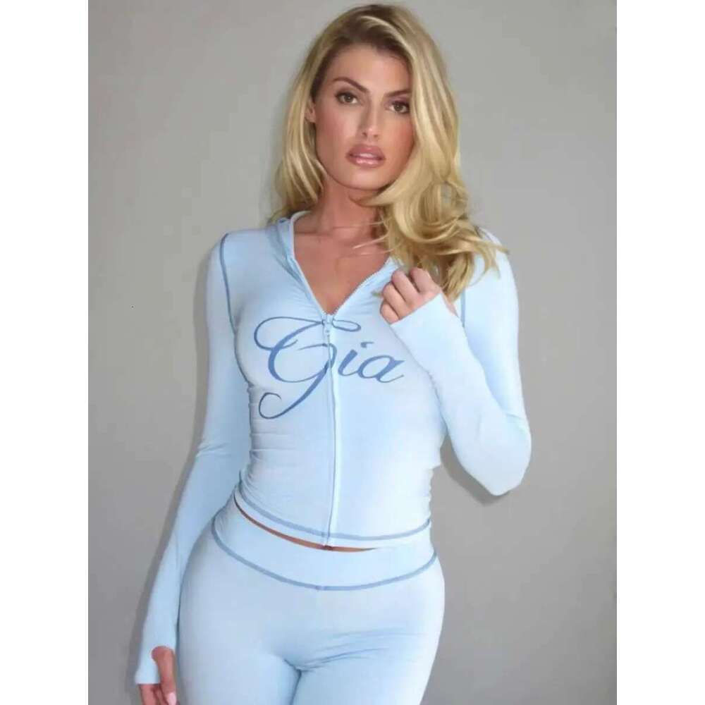 Iamgia Blue Cotton Zipper Hooded Long Sleeved High Stretch Top Low Waist Micro Flared Pants For Women 2024