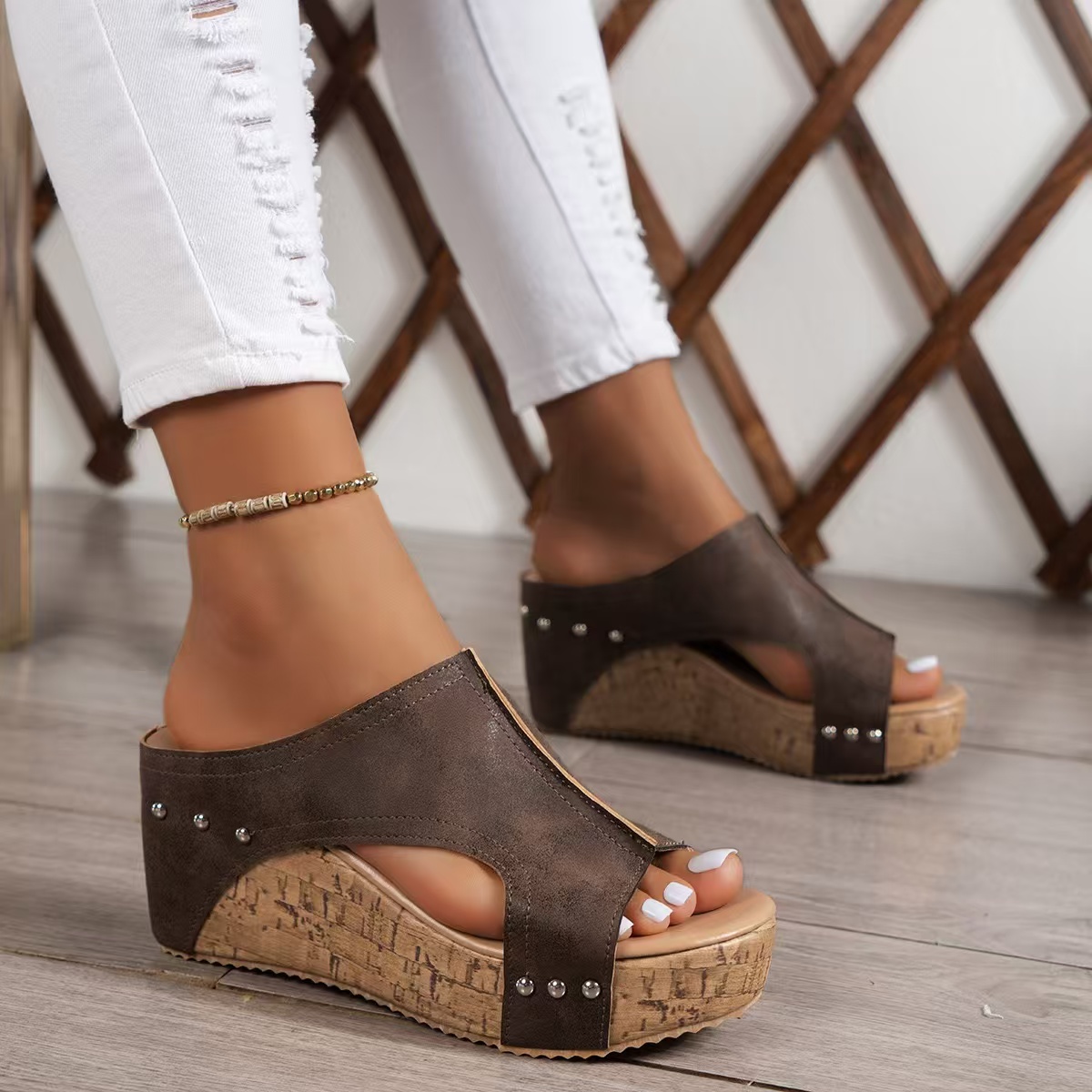 Summer Sandals Anti slip Wedge High Heels Round Head Elegant Black Casual Shoes Womens Plus Size 240528
