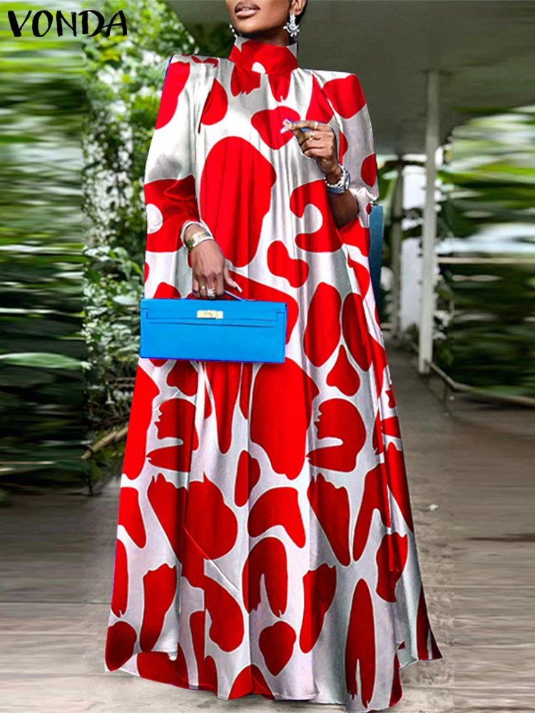 VONDA Women Elegant Printing Maxi Long Dress Casual Stand Collar Robes Bohemian Bat-wing Sleeve Party Vestidos Oversized 250519