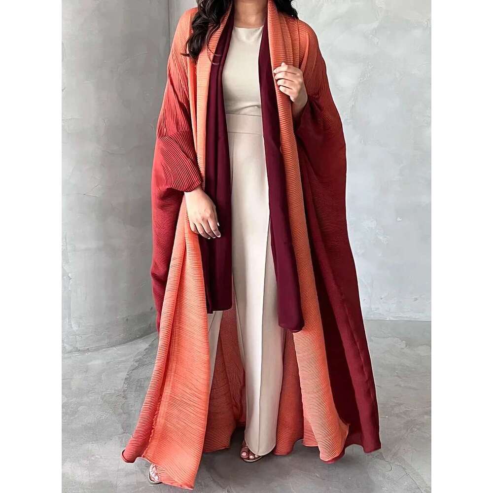 Women Cardigan Wraps Elegant Loose Miyake Gradient Pleated Turn-down Collar Bat Windbreak With Belt 55"In Lace