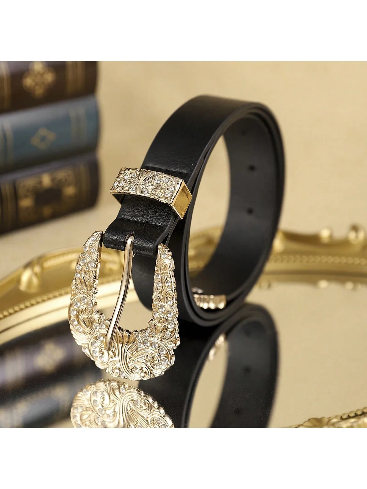1 womens black belt gold alloy buckle belt bohemian atmosphere simple fashion wear trendy clothing suitable for daily use 250519