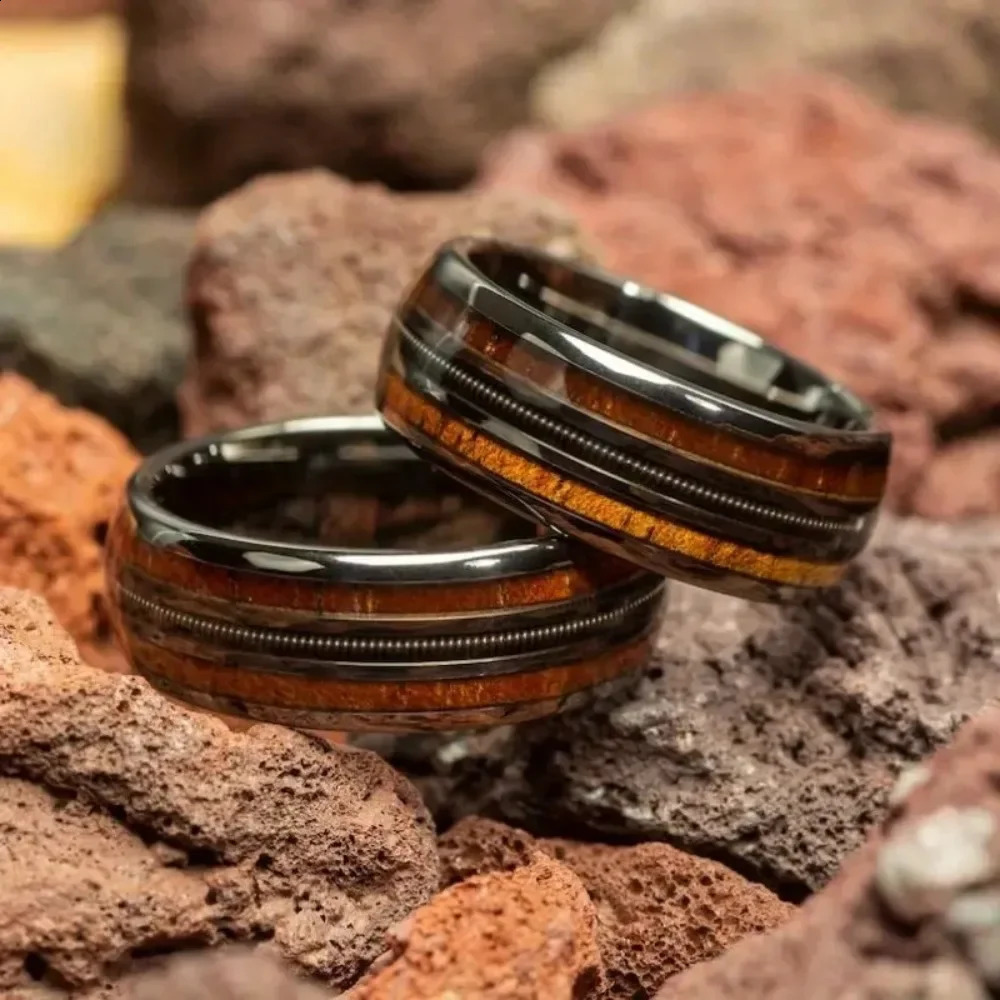 Rose Golden Ring Inlaid Whiskey Barrel Wooden Grain Guitar String Mens Tungsten Steel Ring 250519