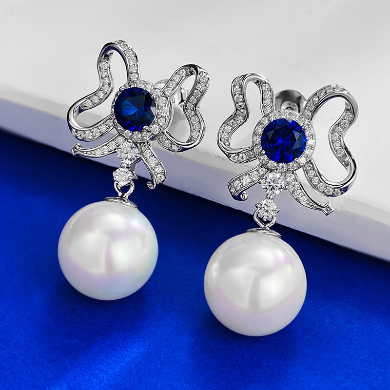 Elegant 925 Sterling Silver Butterfly Bow Earrings with Red and Blue Sapphires and 13mm Pearl Drop for Women