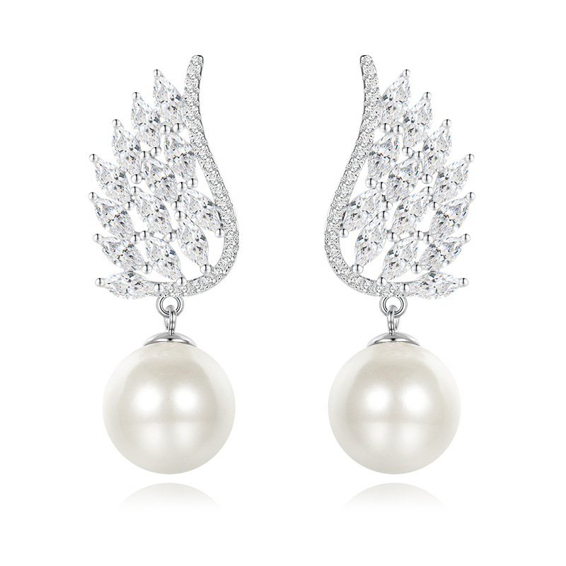 Elegant Sterling Silver Pearl Drop Earrings with Cubic Zirconia Leaf Design, Ideal for Weddings and Special Occasions