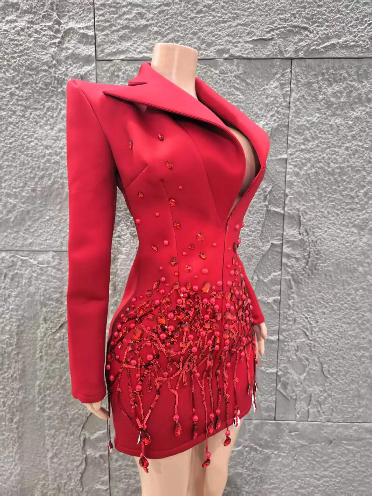 High Quality Women Long Sleeve Sexy Deep V-Neck Bodycon Blazer Dress Shinning Sequins Celebrate Nightclub Bar Singer Stage Wear 250517