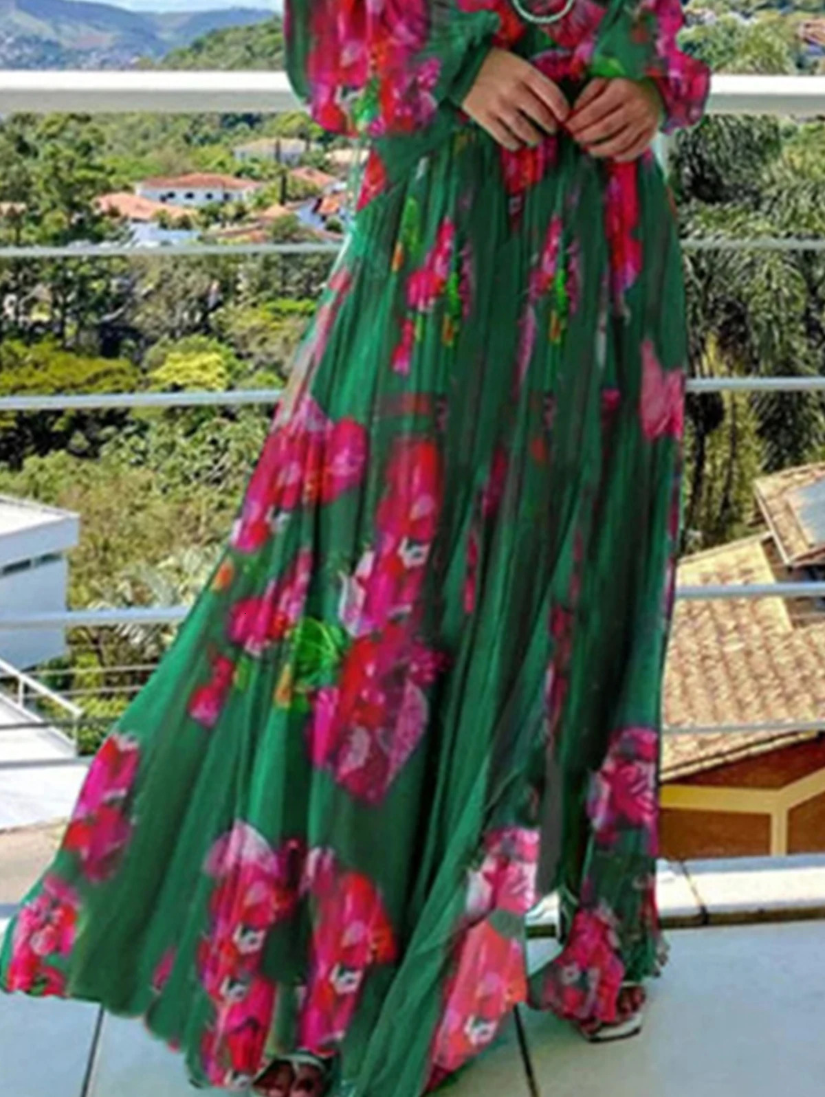 Vintage Floral Print Elegant Dress Puff Sleeve V-Necl Slim Boho Casual Cutout Spring Plus Size Long Dresses for Women 250519