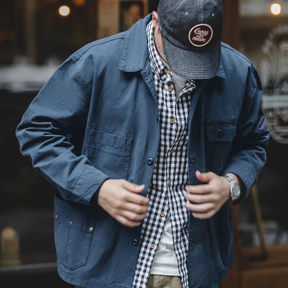 Maden Navy Vintage Men Turn-Down Collar Hunting Tops Multi-Pocket Coat Men's Spring And Autumn Workwear Jacket 250524