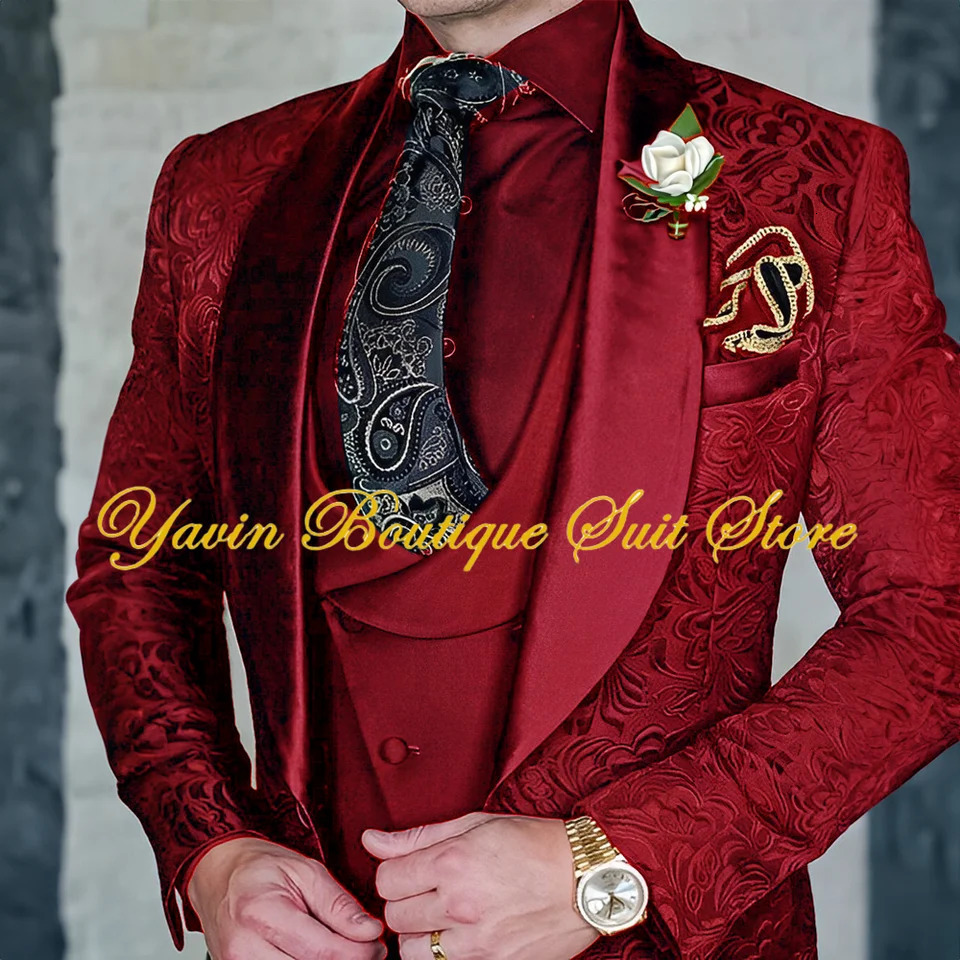 Jacquard Mens 3-piece Suit Set Floral Pattern Party Dress Formal Grooms Tuxedo Elegant Mens Blazer Customized Outfit 250517