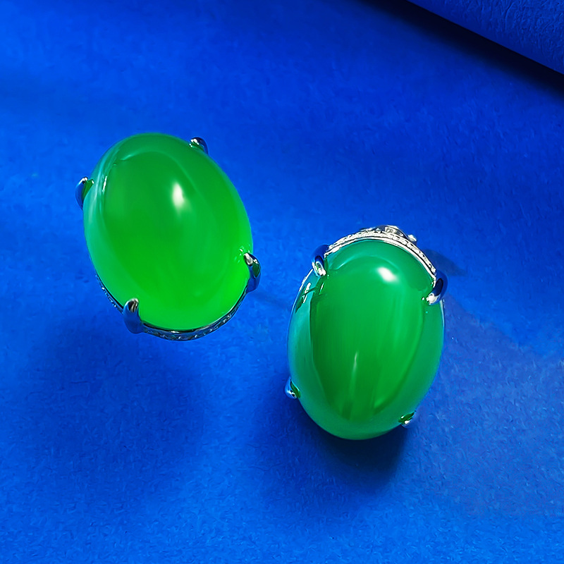 2025 New 925 Sterling Silver Full Diamond Inlaid 12x16mm Faux Jade Earrings Luxury Wealth Style Stud Earrings