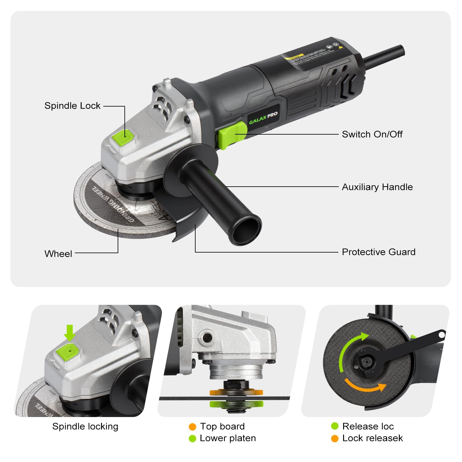 GALAX PRO Electric Angle Grinder Equipped with 4.0 Amps Motor with 4-1/2 inch Corded Angle Grinder 12000RPM with Cutting Grinding Wheels Flap Disc and