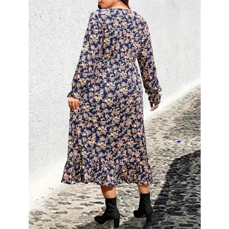 Plus Size 1XL-5XL Casual Dress Womens Plus Floral Print Lantern Sleeve V Neck Smock Dress 250520