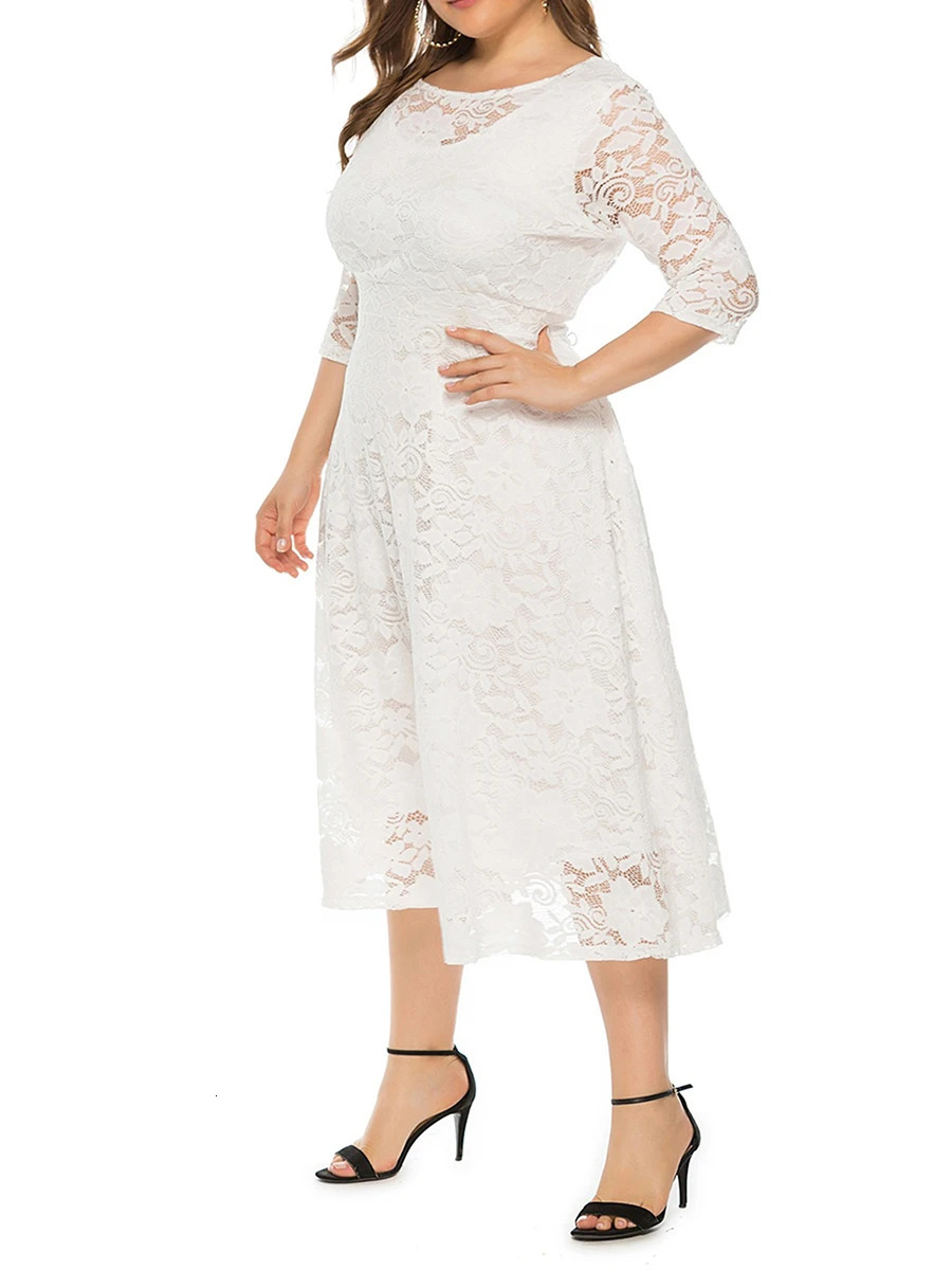 Elegant V-Neck A-Line Dress with Floral Lace Overlay and Pockets Perfect for Beach Parties and Evening Events in Plus Size 250520