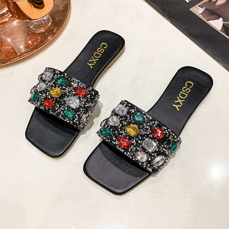 Designer Sandals Colored Gemstone One Word Casual Sandals Flat Slippers 2025 Summer Outdoor Fashion Beach Slippers