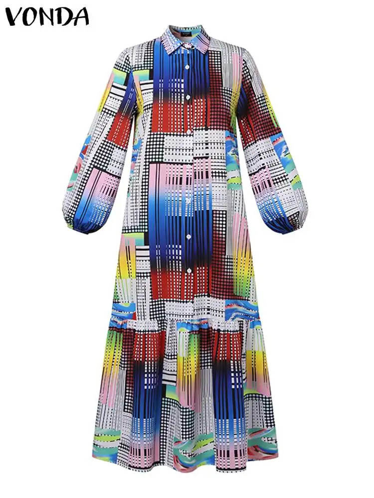 VONDA Plus Size Bohemian Printed Dress Autumn Women Elegant Long Sleeve Vintage Maxi Sundress Casual Buttons Loose Robe 5XL 250519