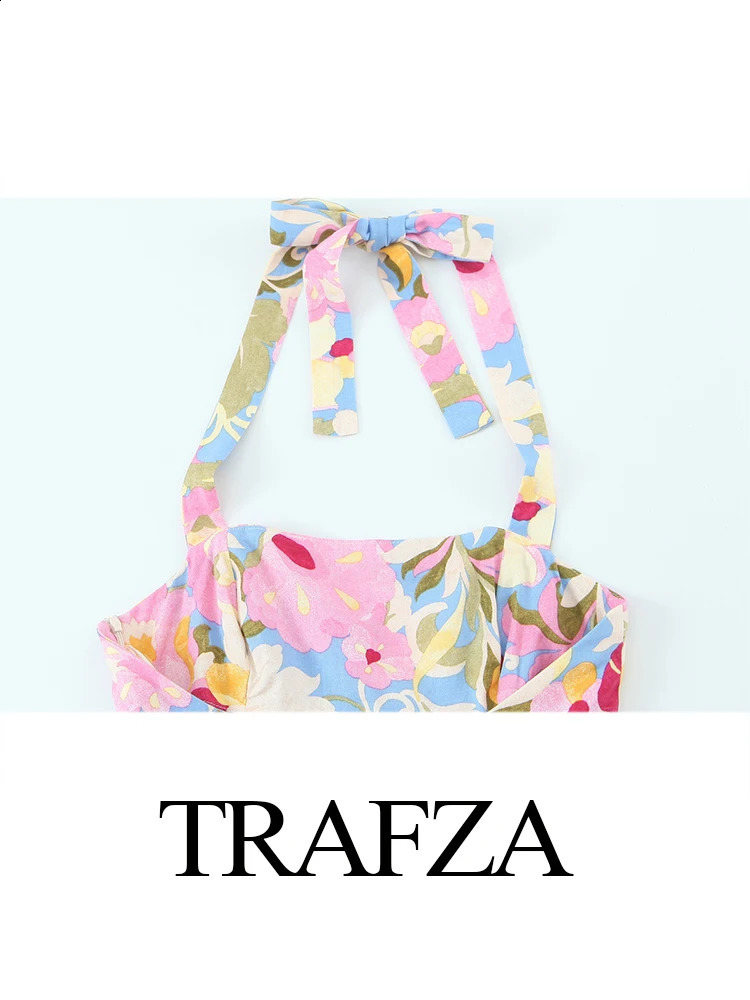 TRAFZA Womens Fashion Blended Print Midi Long Sleeveless Dress Female Sexy Backless Halter Neck Collar Bow Laceup Aline 250520