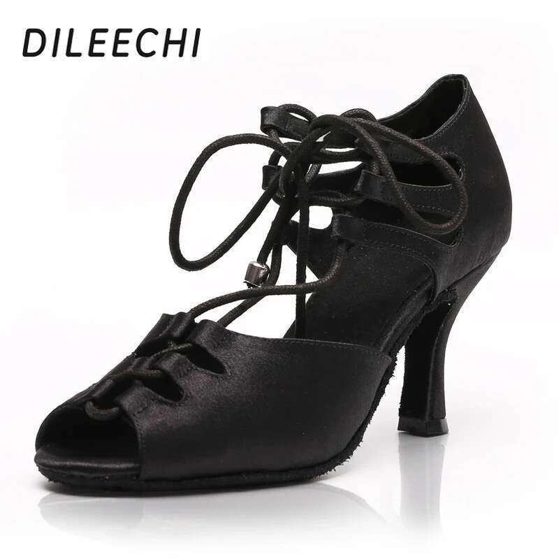 DILEECHI Black Satin Latin dance shoes Women Ballroom Dancing Shoes Wide/ Narrow Foot Salsa High-Heel Soft Outsole ust Width