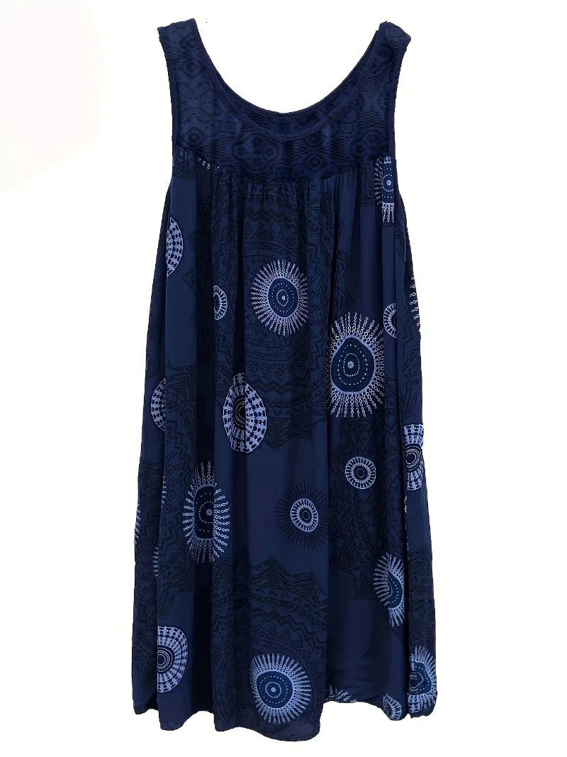 Plus Size 1XL-8XL Womens Sleeveless Dress Lace Panel Printing Sleeveless Large Hem Vest Dress 250520