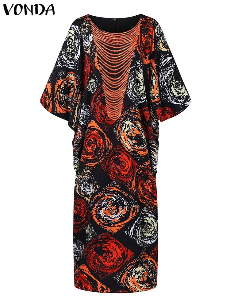 Plus Size VONDA Women Foral Printing Bohemian Maxi Dress Causal Puff Sleeve Sundress Holiday Eelgant Vestido NO Tassel 250520