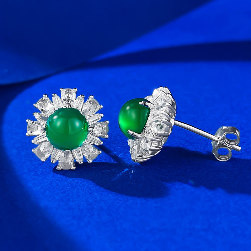 Elegant S925 Sterling Silver Stud Earrings with Green Chalcedony, Luxuriously Crafted Fashion Jewelry
