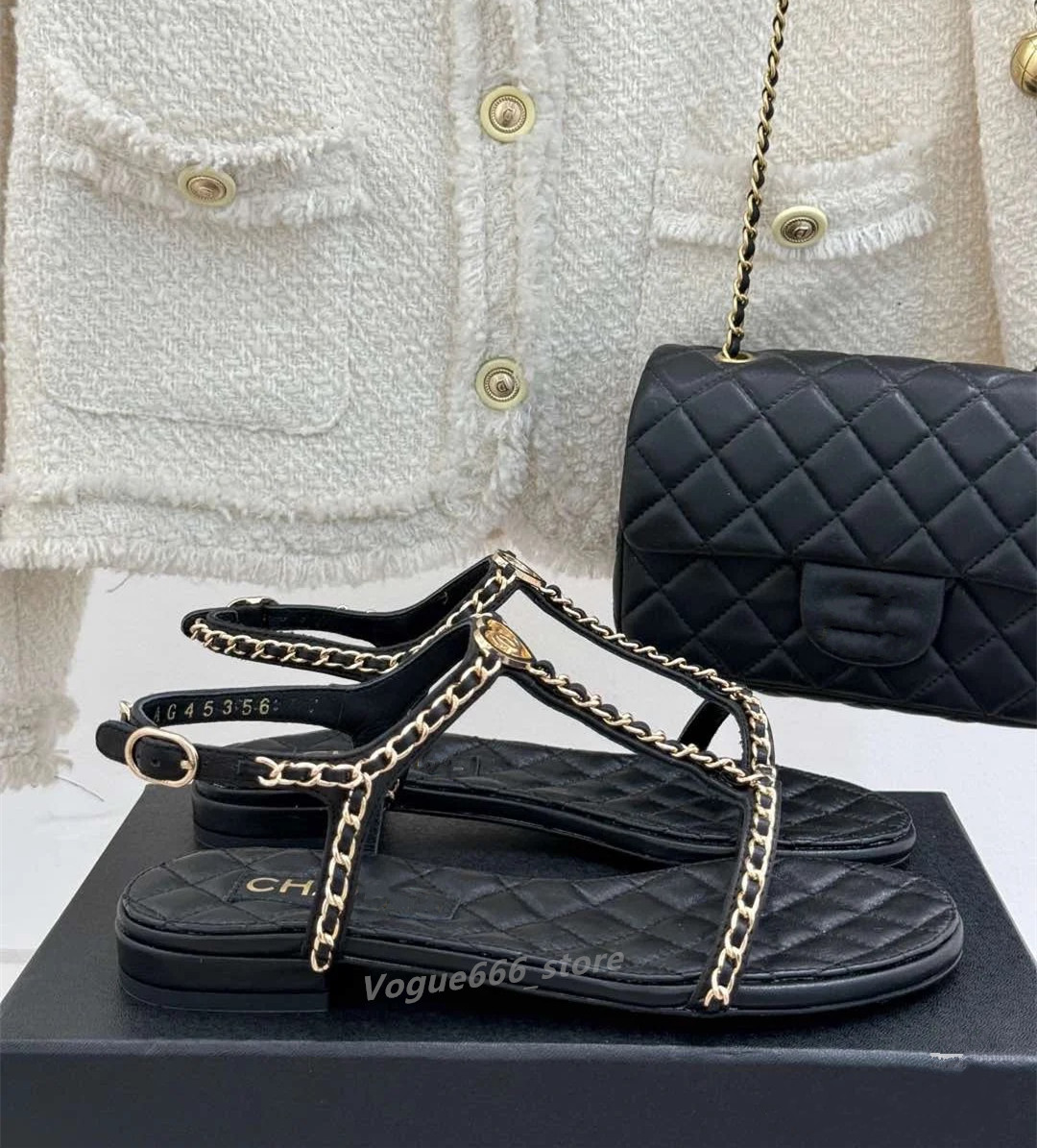Paris Summer Women Chain Casual Flat Sandals Lady Beach Famous brand designer Shoes Female ch Boho Open Toe slippers quilted Female Brand Slide thong cha