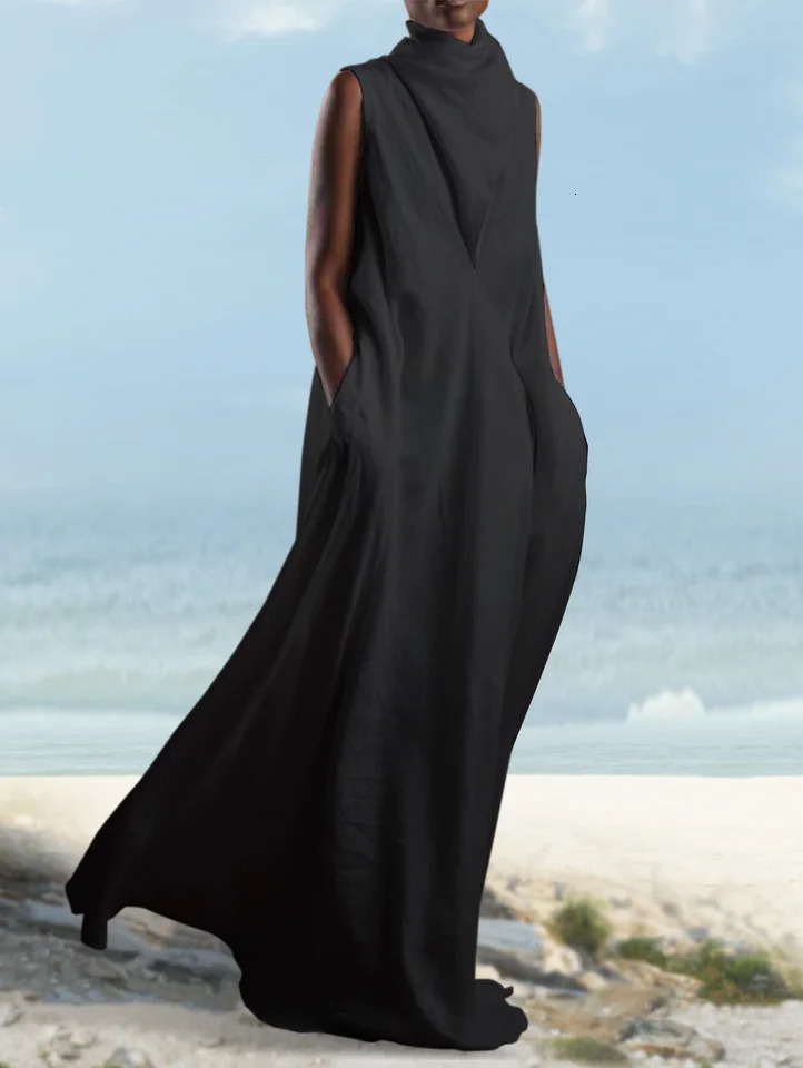 Plus Size Women Long Dress Pockets V-Neck Turtleneck Elegant Casual Sleeveless Summer Female Minimalist Maxi Dress Vestidos 250520