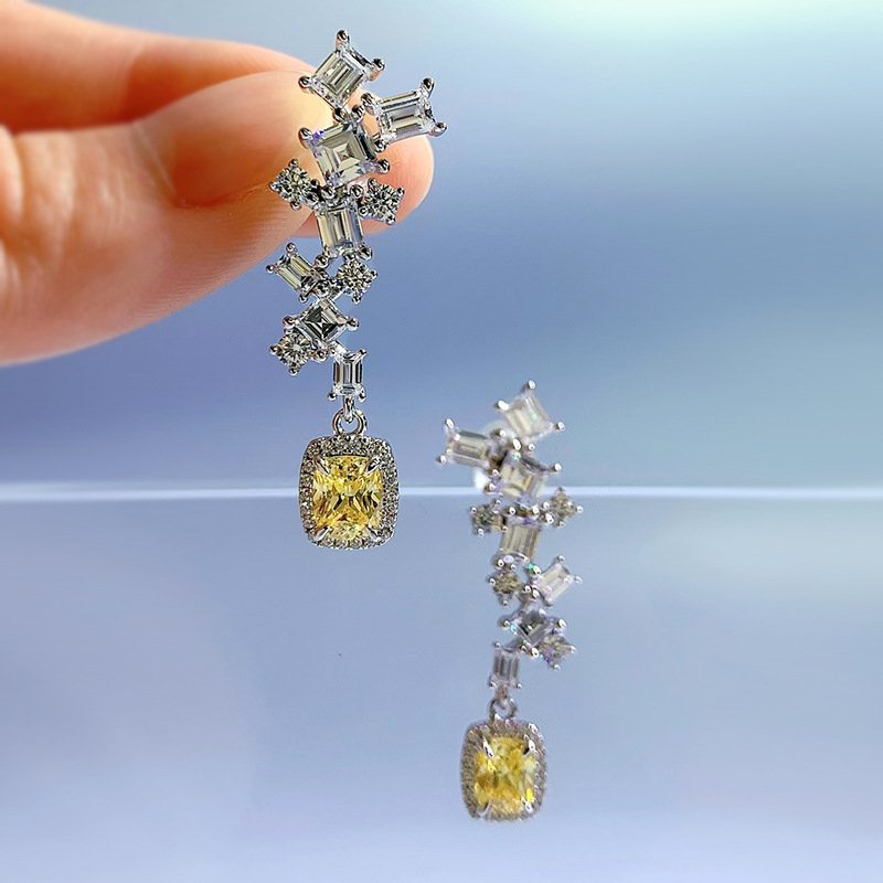S925 Sterling Silver Long Drop Earrings with Yellow Simulated Diamond, Cushion Cut & Zirconia, Elegant Jewelry for Special Occasions