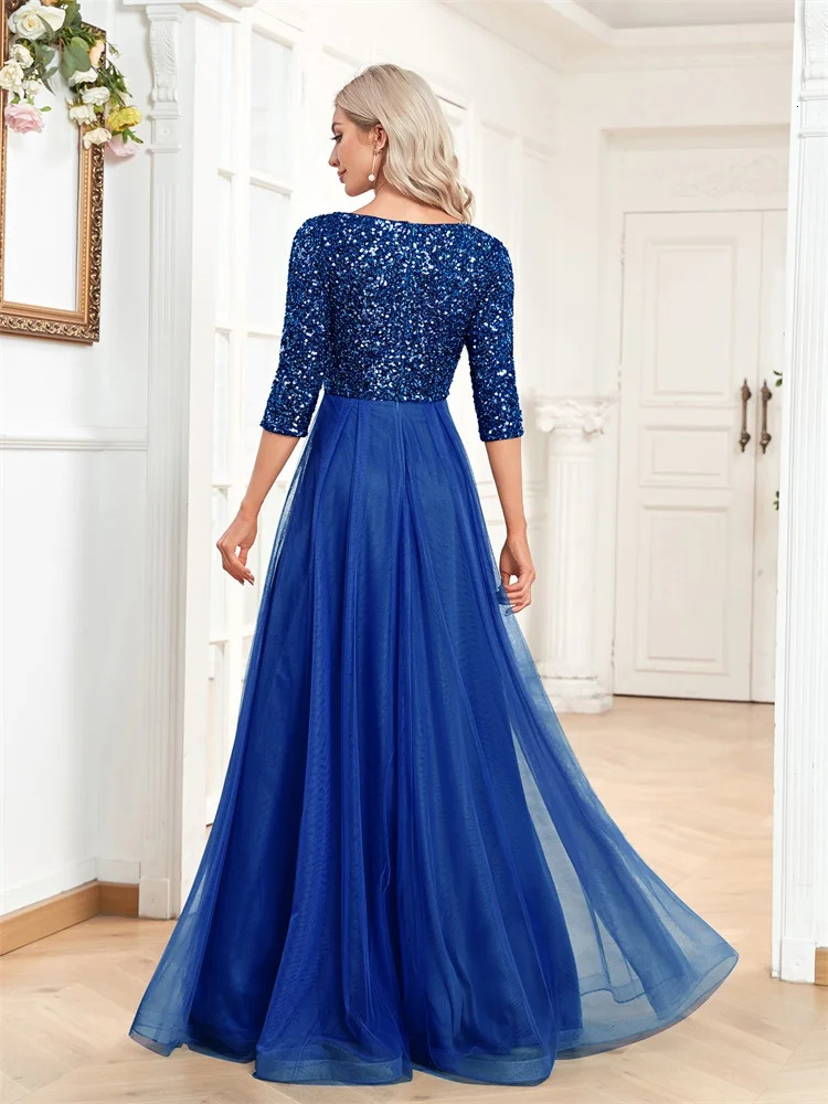 Floor Length V-Neck Evening Dress Women Elegant Party Maxi Dress Sequin Short Sleeves Prom Cocktail Gown 250520