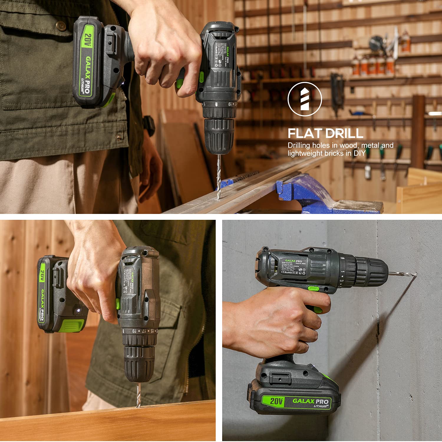 GALAX PRO Cordless Drill Driver 20V 1.3Ah Battery Power Drill Driver with Single Speed 0-600RPM 3/8 Inch Keyless Chuck 19+1 Position with Battery and 