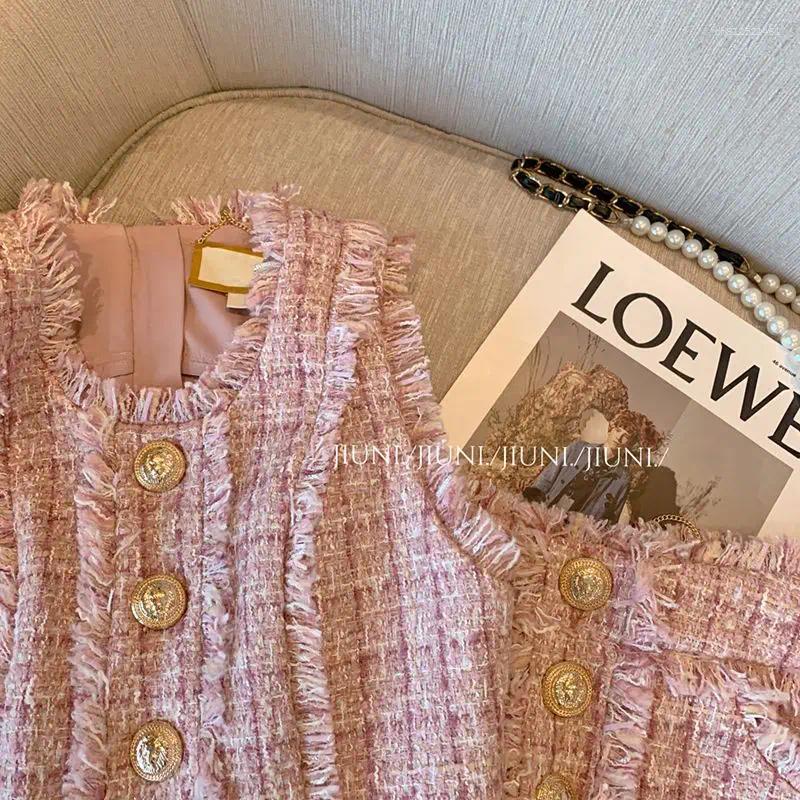 Lanjia- Two Piece Dress 2025 Summer Pink Tweed Set Elegant Sleeveless Vest & A-Line Skirt Co-Ord Korean Luxe Two-Piece Suit Rich Girl Matching E56b7
