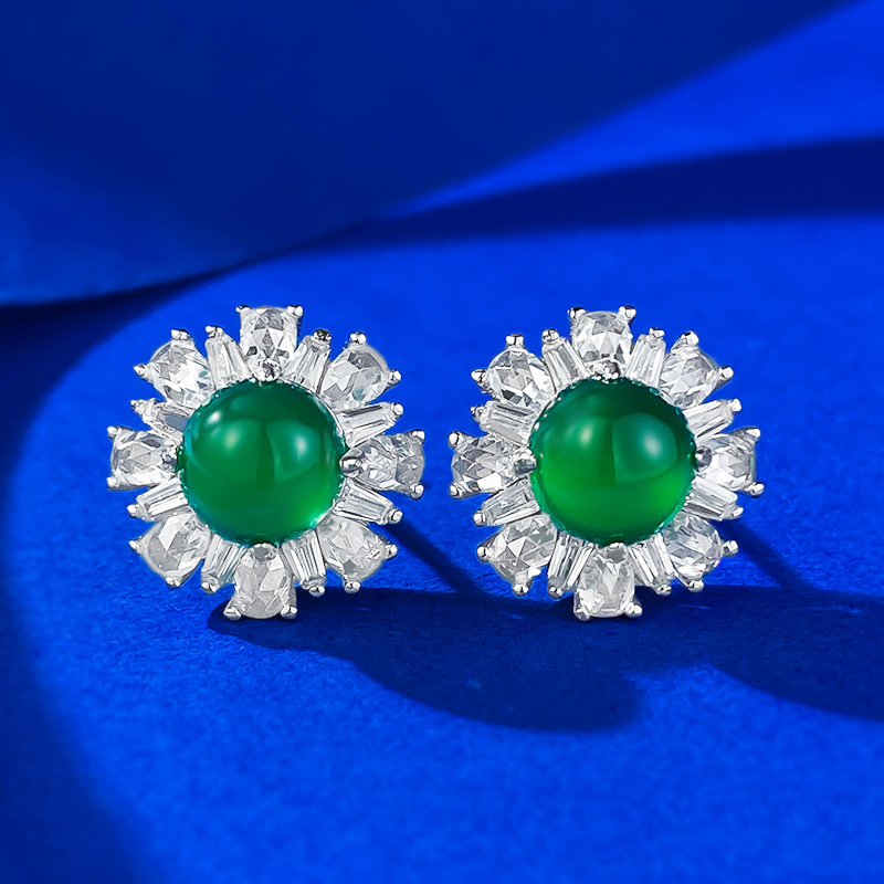 Elegant S925 Sterling Silver Stud Earrings with Green Chalcedony, Luxuriously Crafted Fashion Jewelry